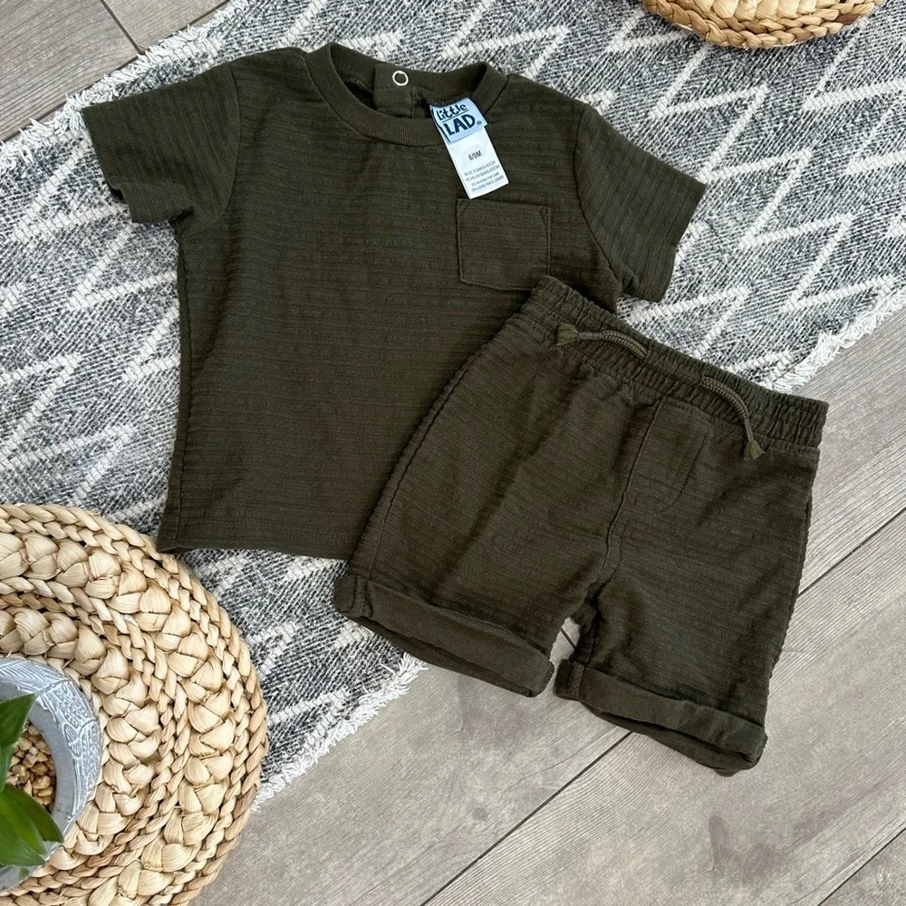 New Little Lad Baby Boy Dark Green Modern Textured Shirt & Shorts Outfit Set